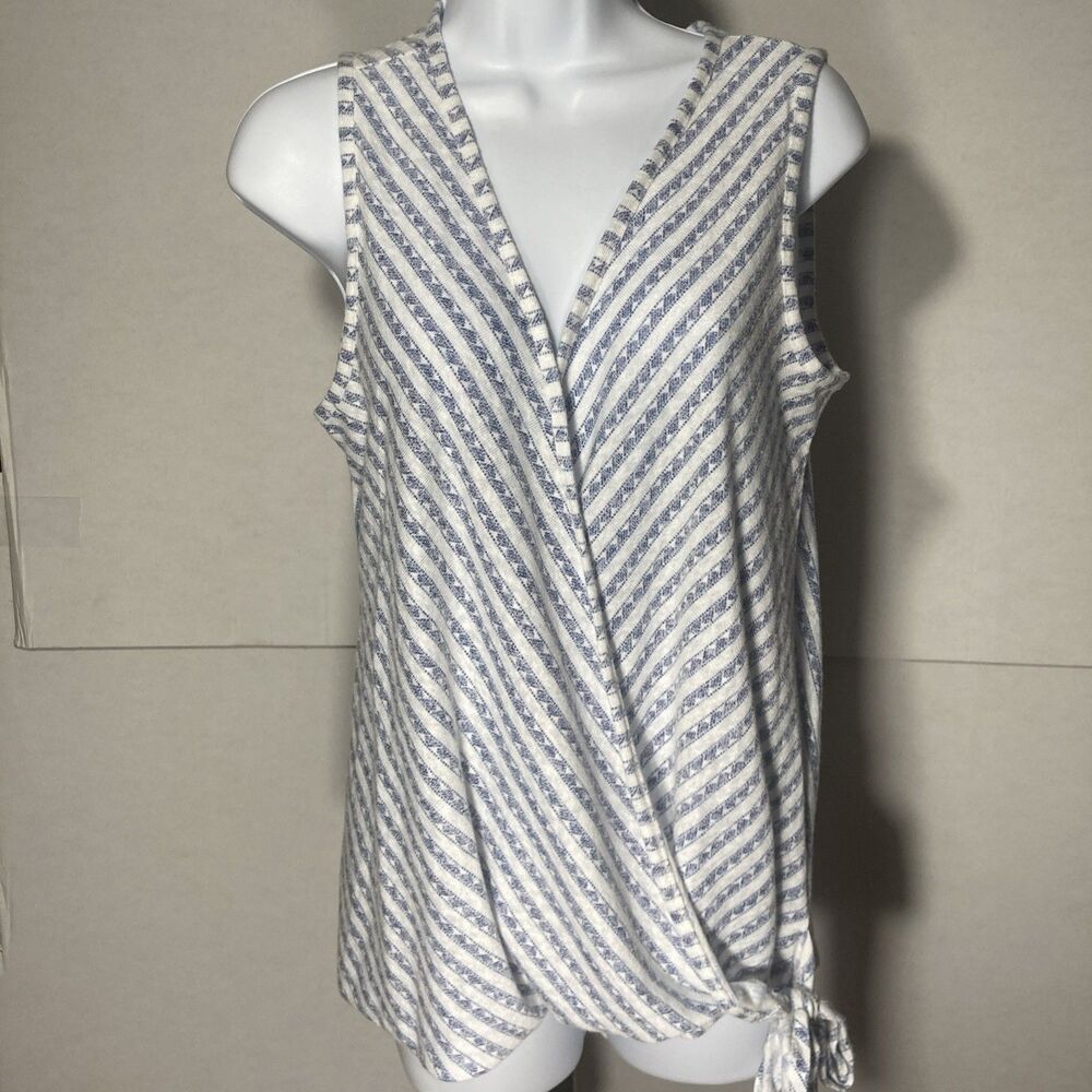BUNULU white blue geometric striped sleeveless faux wrap knit top M